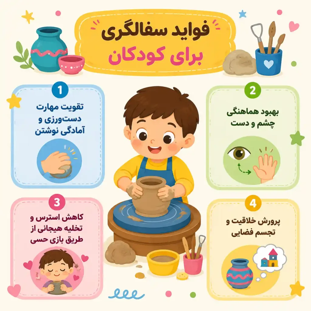 فواید سفالگری برای کودکان (تقویت مهارت دستورزی) 1 مهمترین فواید سفالگری برای کودکان چیست؟