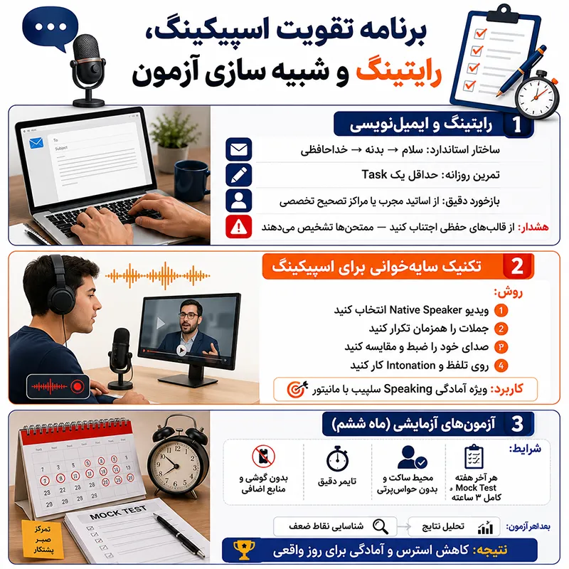 آموزش زبان برای مهاجرت به کانادا (تقویم ۶ ماهه رسیدن به سطح CLB 9) 3 برنامه تقویت اسپیکینگ و رایتینگ و شبیه ساز آزمون